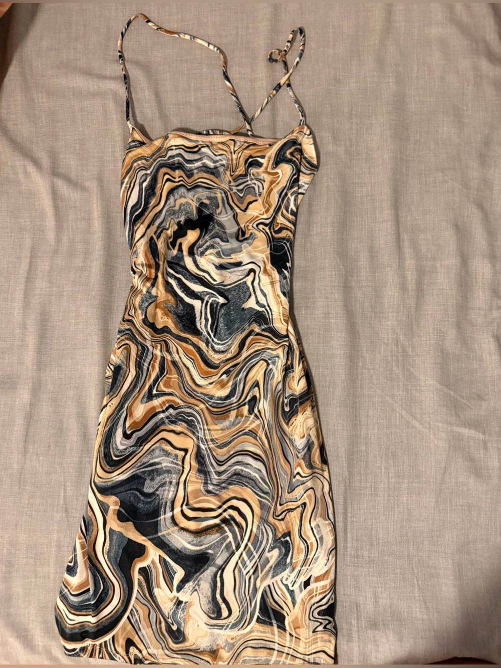 Windsor Abstract Marble Slip Dress in Black & Tan